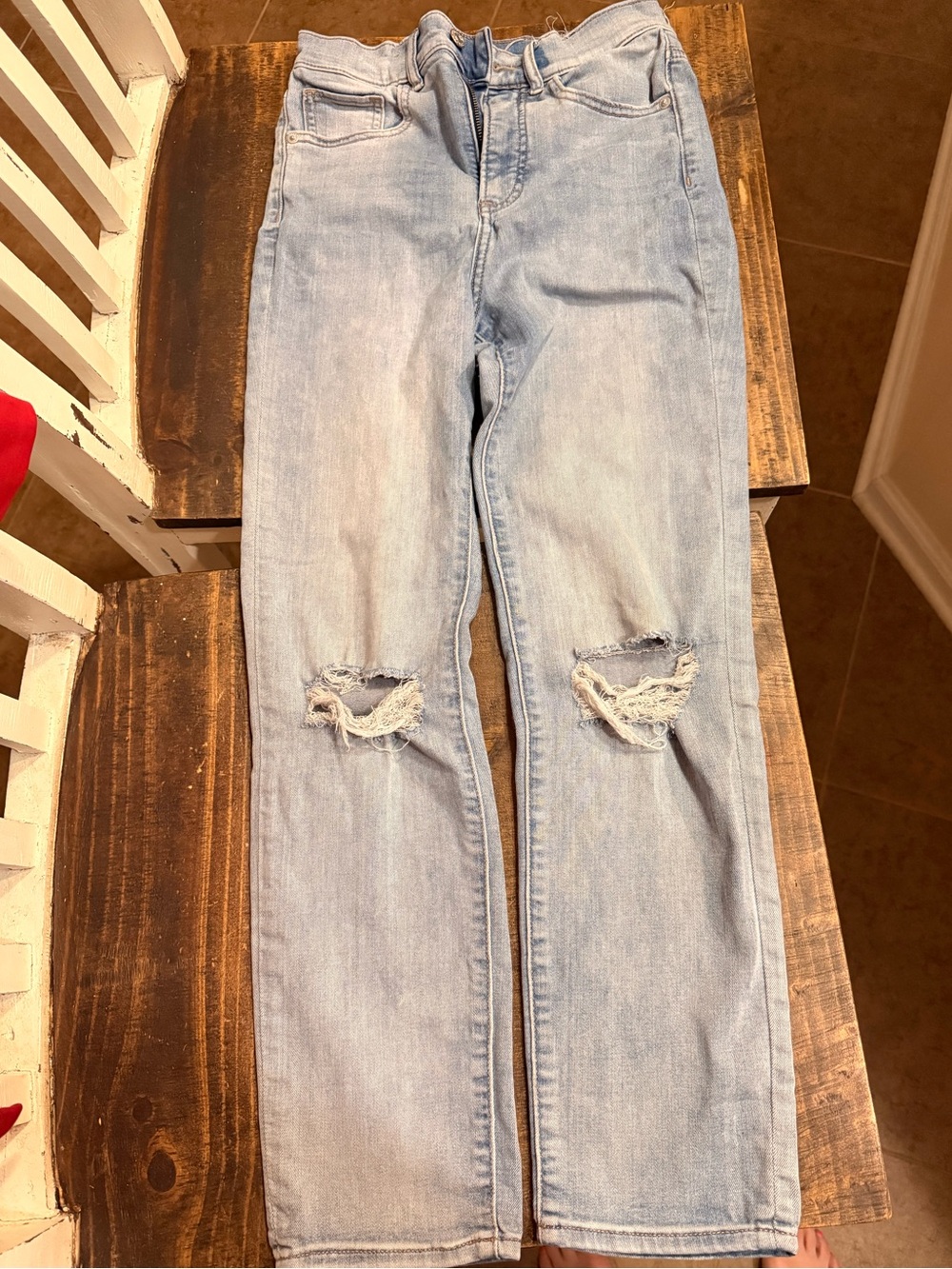 Express Jeans Slim Super High Rise Distressed- Light Wash, 2R